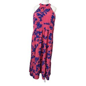 Shein Curve 3XL Pink & Navy Floral Maxi Dress W/ Halter Neck & Keyhole Back